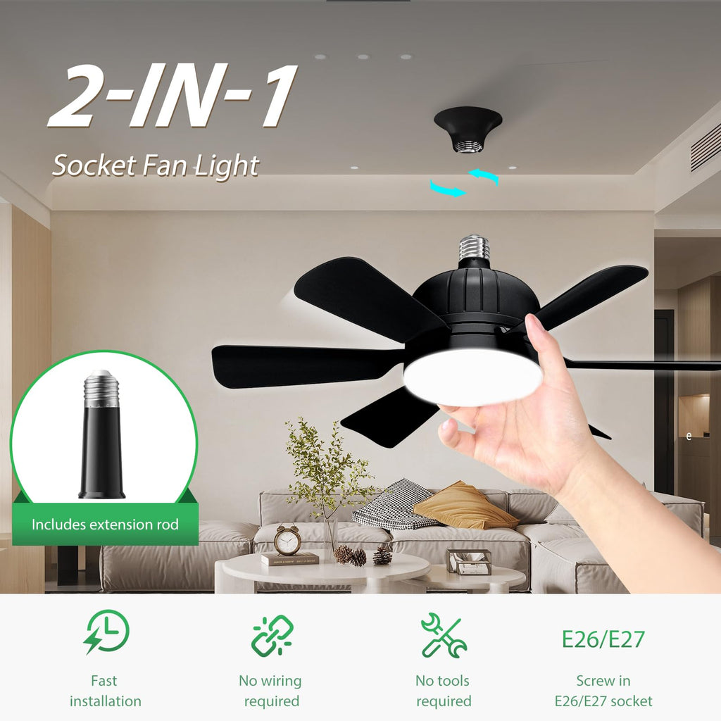 Socket Fan Light with Remote Control - socket ceiling fan 18-in ceiling fans with lights and remote Ideal for Bedroom Kitchen Dining Room and Living Room balcony Garage restaurant shop indoor.(black)