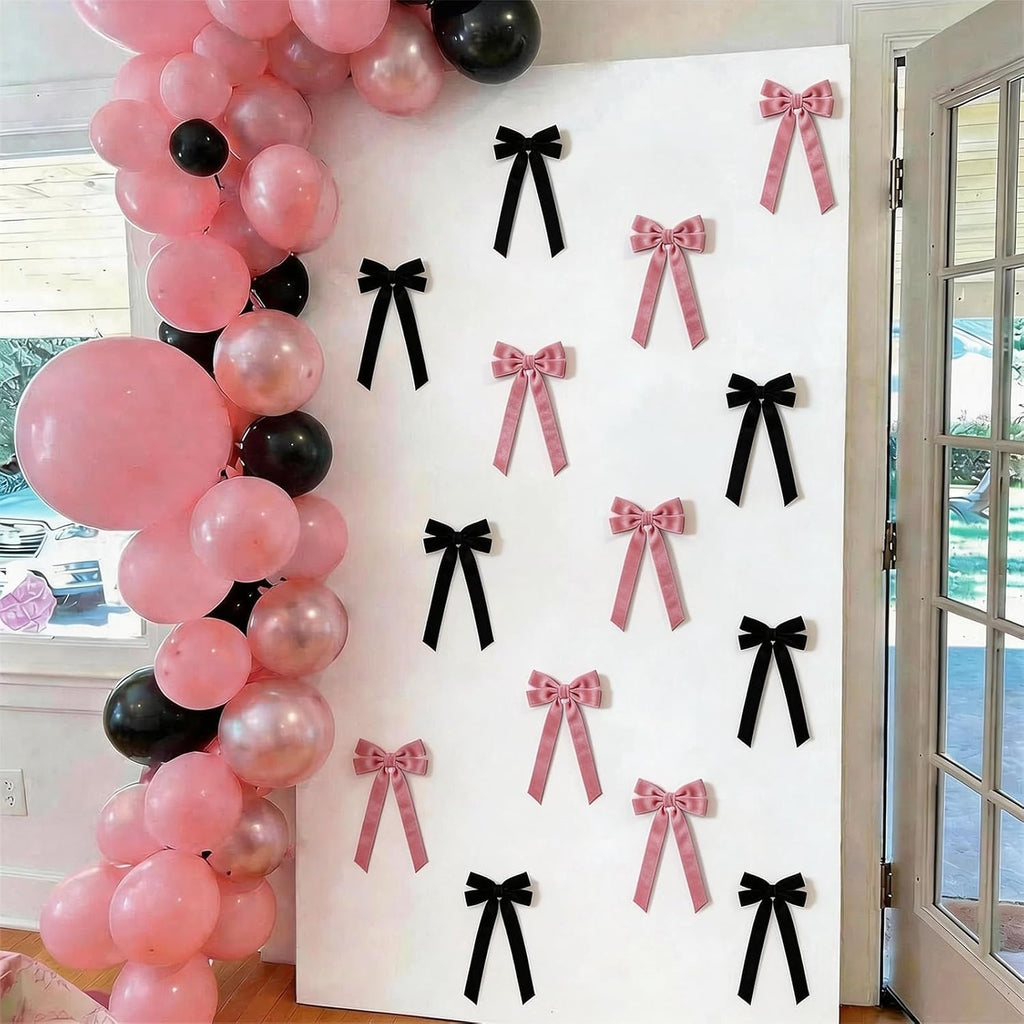 Skiennix Velvet Bows - 12 Pcs Pink & Black Pre-Tied Ribbon Bows for Y2K Room Decor | Perfect for Bachelorette & Sweet 16 Parties