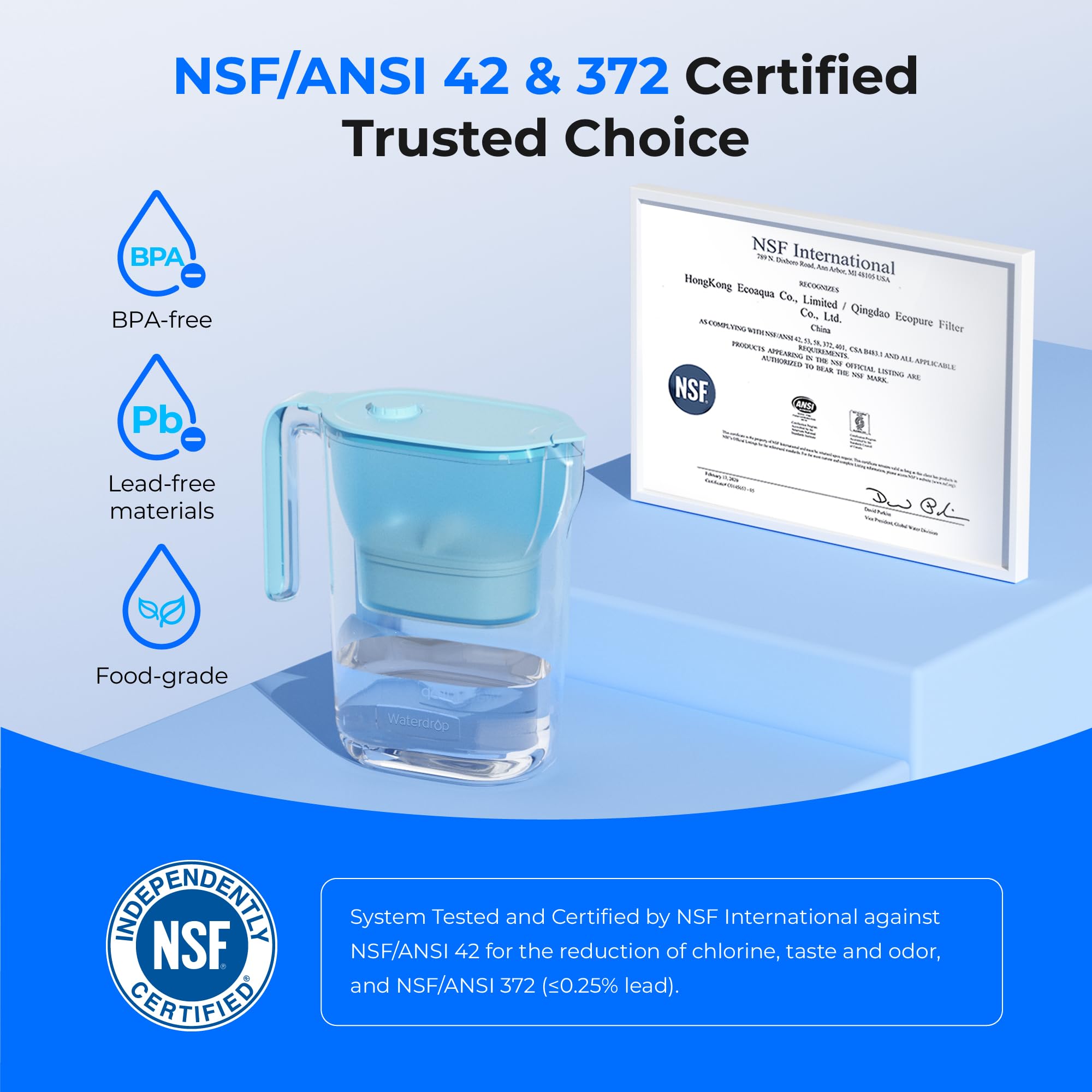 Waterdrop PT-05B-L Water Filter Pitcher, 7-Cup, NSF Certified, 200-Gallon Long-Life Filter Purifier, Reduces Chlorine and PFOA/PFOS, for Countertop, Replaces 6,400 Plastic Water Bottles a Year, Blue