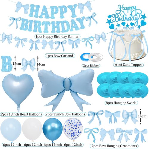 Blue Bow Birthday Decorations, Happy Birthday Banner Garland and Hanging Swirls, 28Pcs Balloons, Cake Toppers, Bow Themed Party Decorations for Girls Women