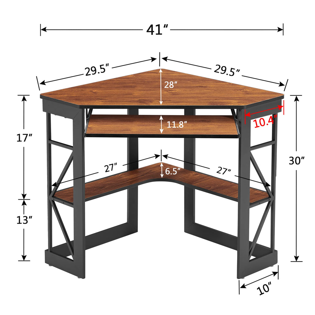 VECELO Corner Desk Computer Desk Writing Table with Smooth Keyboard Tray & Storage Shelves,Compact Home Office Triangle Table,Teak