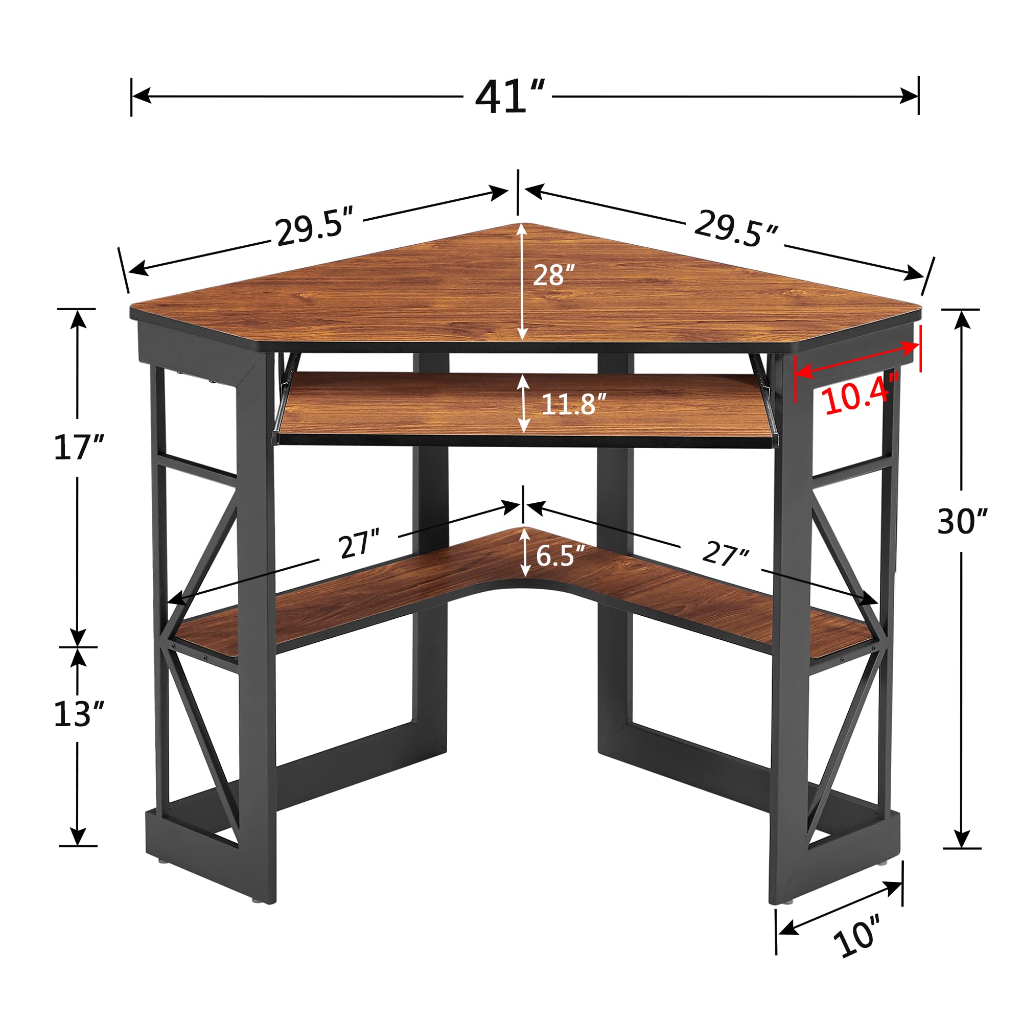 VECELO Corner Desk Computer Desk Writing Table with Smooth Keyboard Tray & Storage Shelves,Compact Home Office Triangle Table,Teak