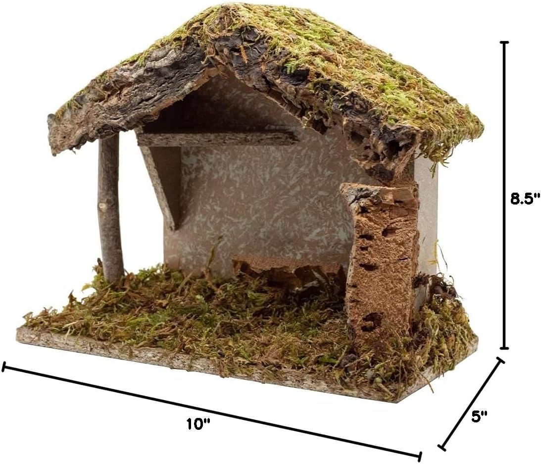 Village Gift Importers Nativity Creche Stable - 8.5" Tall, 10" Wide | Realistic Moss Roof & Floor | Elegant Holiday Décor | Made in Italy