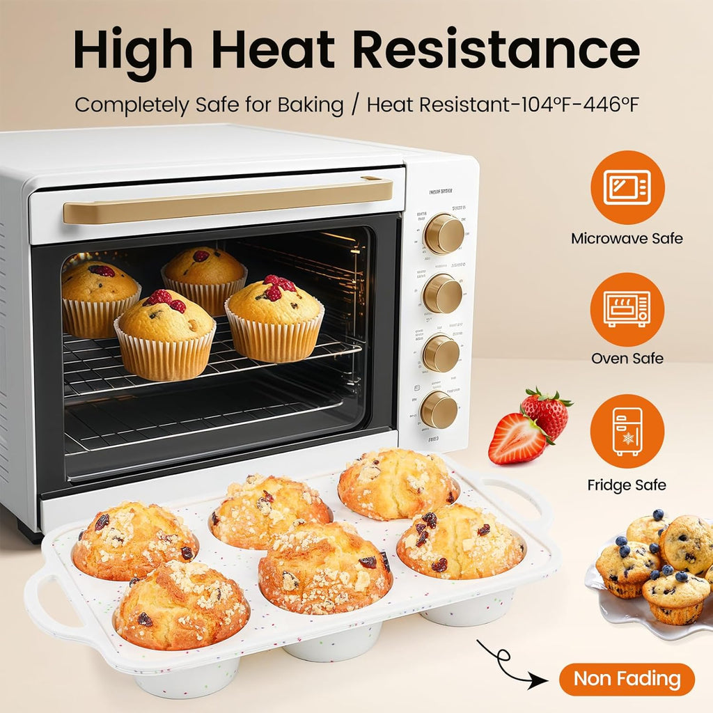 Skiennix Jumbo Muffin Pan Set - Non-Stick Food Grade Silicone | 6 Cup with Metal Frame & Handles, BPA-Free