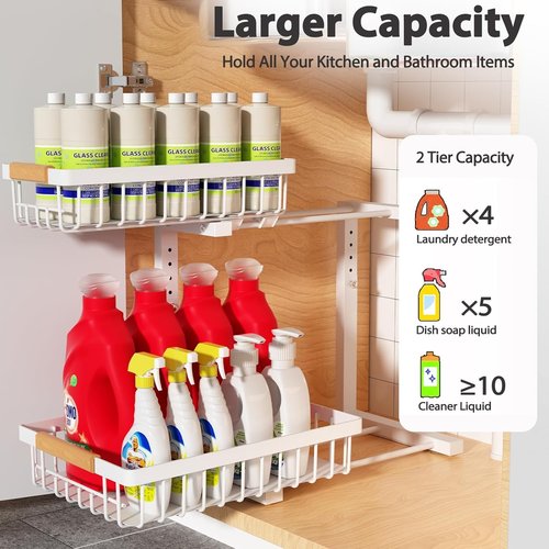 Liuoud Under Sink Organizer - 2 Pack Adjustable 2-Tier Storage Solution for Kitchen & Bathroom Cabinets - White