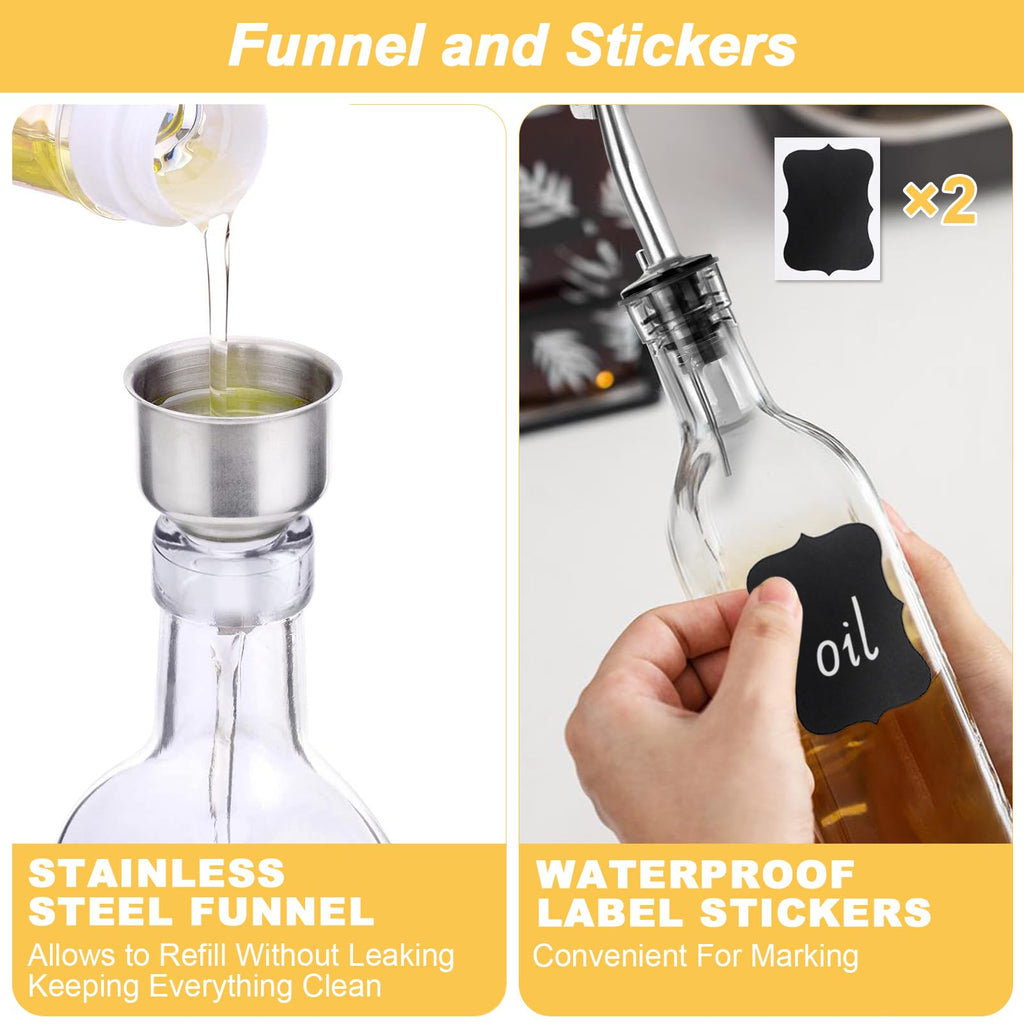 WEILAIDI Olive Oil Dispenser Bottle, 1 Pcs Glass Oil and Vinegar Dispenser Set with 2 Stainless Steel Pourers, 2 Labels,1 Brush and 1 Funnel Oil Bottles for Kitchen (17oz/500ml)