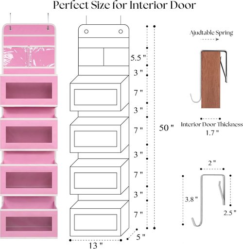 Giraffe Creation Over Door Organizer - 4 Large Capacity Pockets for Closet & Bathroom Storage | Pink