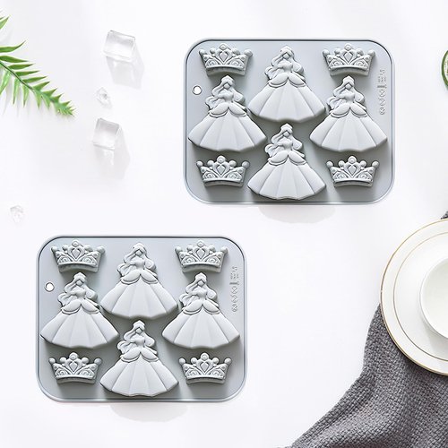 3D Silicone Crown Fondant Molds, 2 Pcs Princess-style Crown and Dress Shaped Baking Molds for Chocolate, Candy, Cookie, Jelly, Cupcake Topper, 7.13 x 5.63 Inches
