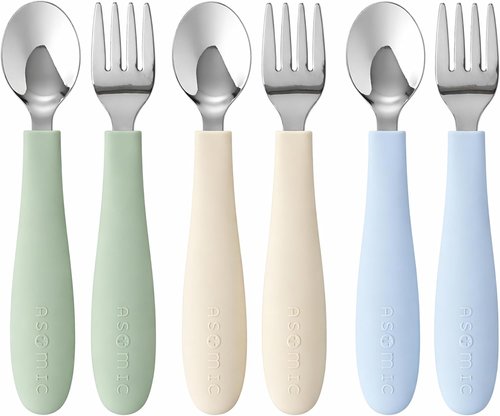 ASOMIC Toddler Utensils - 6-Piece Kids Silverware Set with Silicone Handles | Premium 316 Stainless Steel, Dishwasher Safe (Sage/Sky Blue/Ivory)