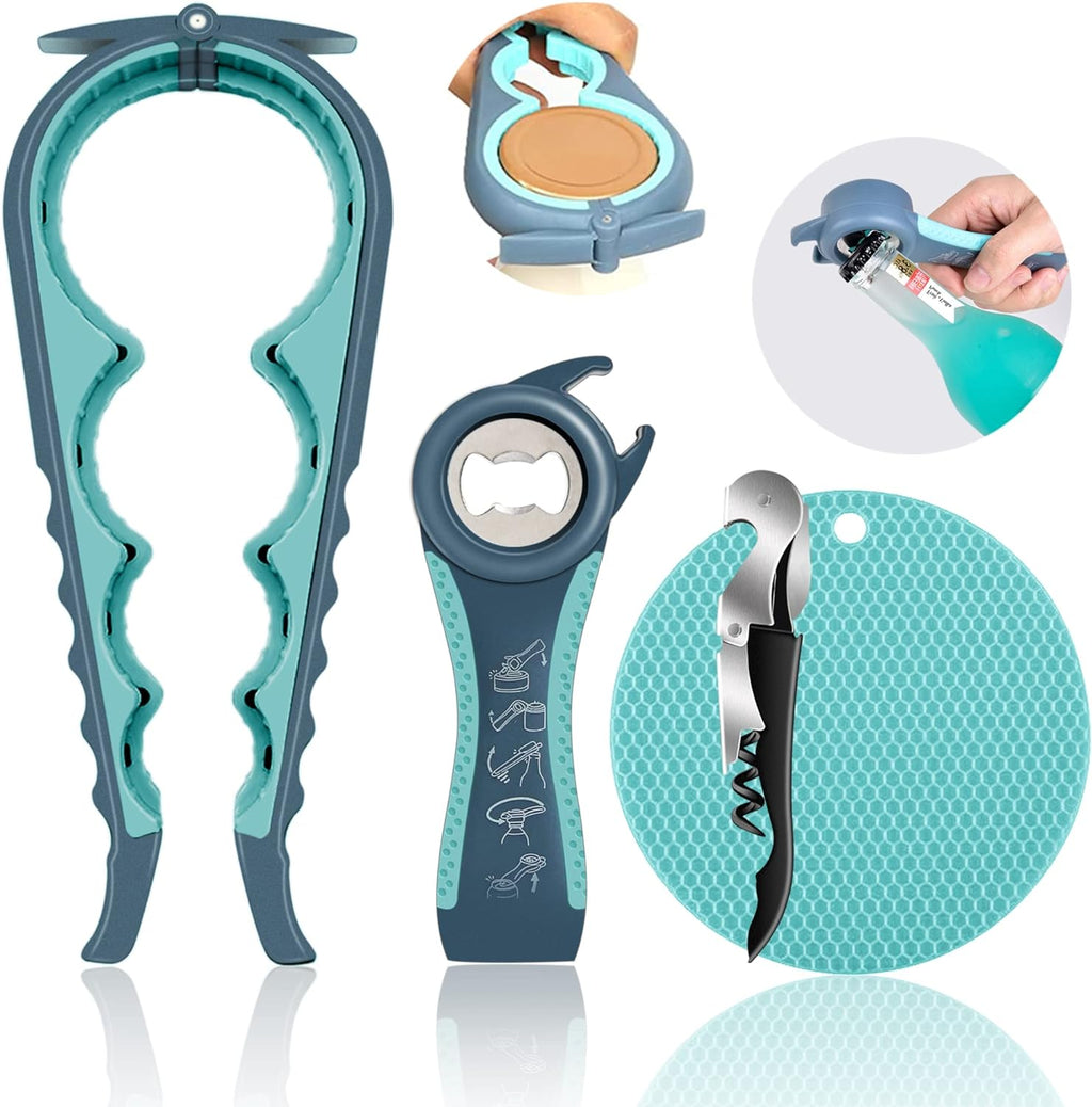Skiennix Jar Opener - 5-in-1 Multi-Function Tool for Weak Hands & Arthritis | Non-Slip Grip, Blue