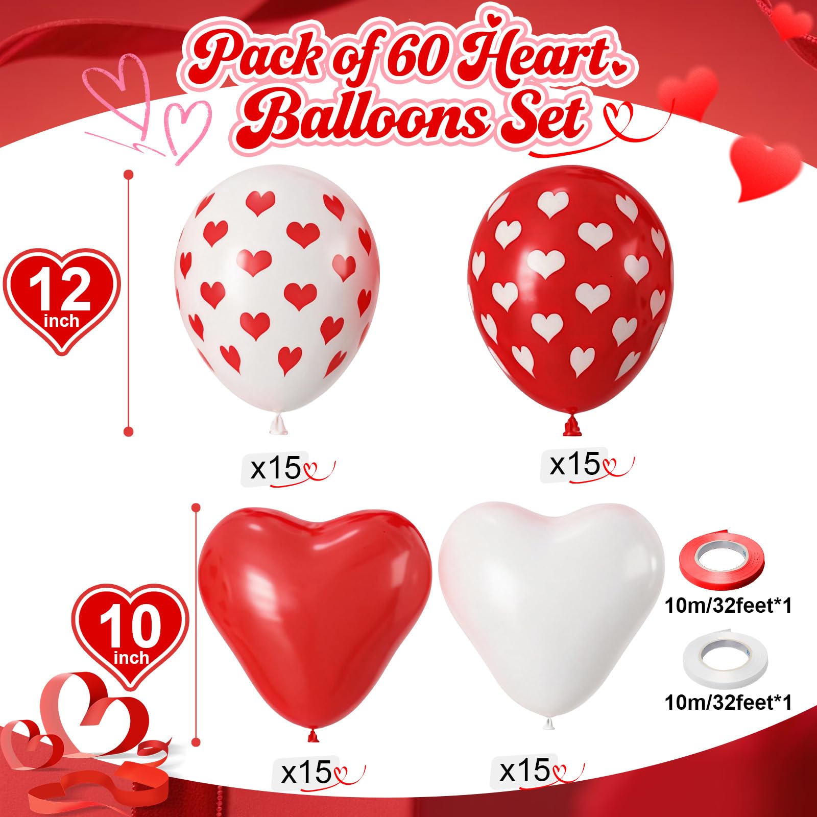 Valentines Day Balloons 60 Pack Red White Heart Shaped Balloons Set Romantic Heart Print Latex Balloon for Sweet Galentines Proposal Engagement Wedding Bridal Shower Mothers Day Party Decorations