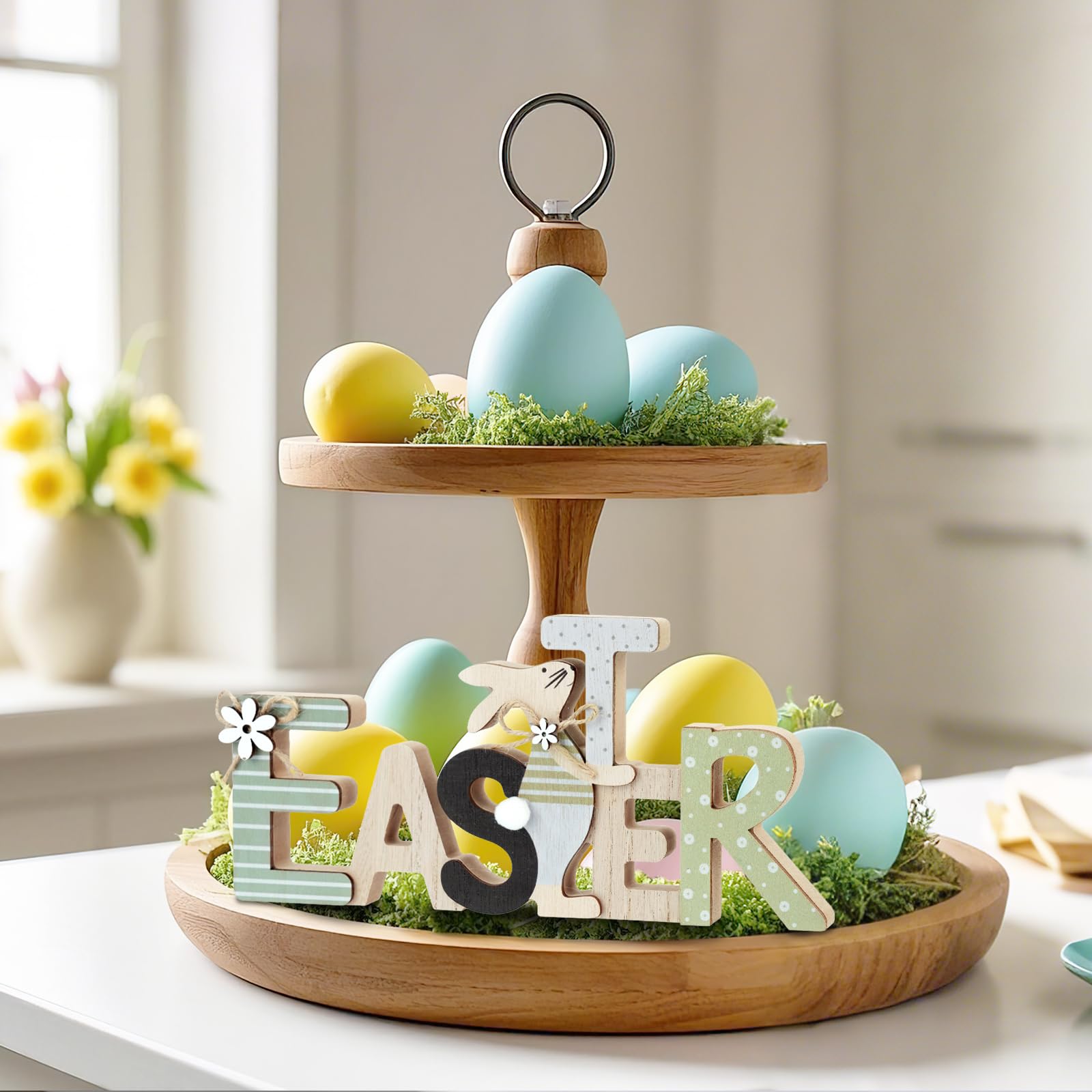 Shzbtdo Easter Decorations for Home, Farmhouse Table Wooden Bunny Mantel Decors, Indoor Easter Sign Decor for Tiered Tray Decor