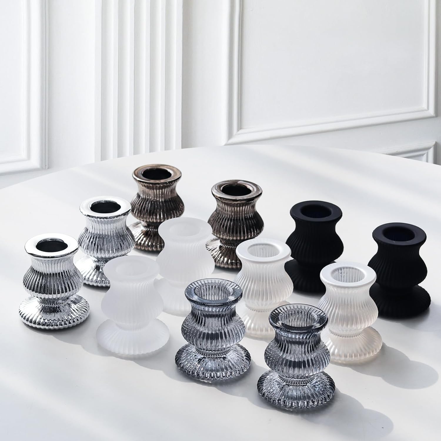 WDHODEC Black & White Candlestick Holders - 12PCS Glass Taper Candle Holders for Weddings & Parties