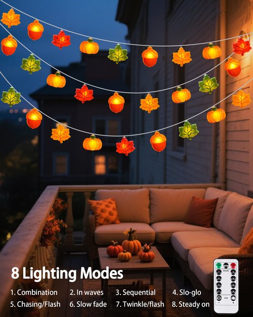 Fall Decor String Lights 10Ft, Battery Operated Thanksgiving Fall Lights 20 LED Acorn Pumpkin Maple Leaf Lights with Timer, 8 Modes Indoor Halloween Decorations light for Home Harvest Porch Party