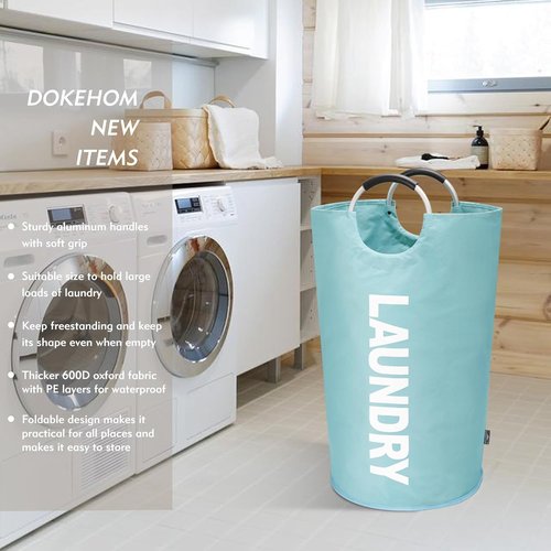 DOKEHOM Large 82L Laundry Basket - Collapsible Freestanding Hamper in Light Blue