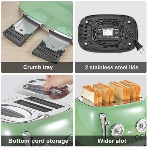 Wiltal 4 Slice Toaster, Retro Green Toaster, Bagel, With Stainless Steel Lid. Reheat, Defrost and Cancel Functions, Countdown Function, 6 Browning Levels, Stainless Steel Material, TR03