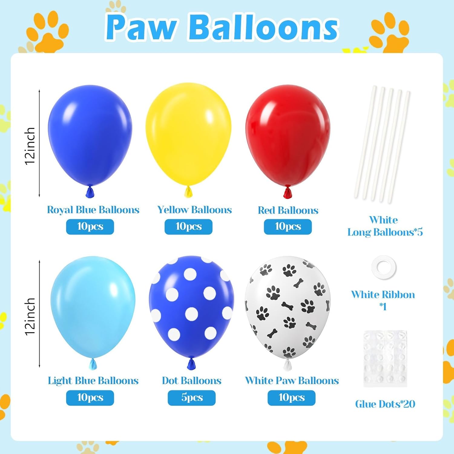 Skiennix 12-Inch Dog Balloons - 60 Pack in Royal Blue, Light Blue, Yellow & Red Paw Print for Puppy Birthday Party Decor