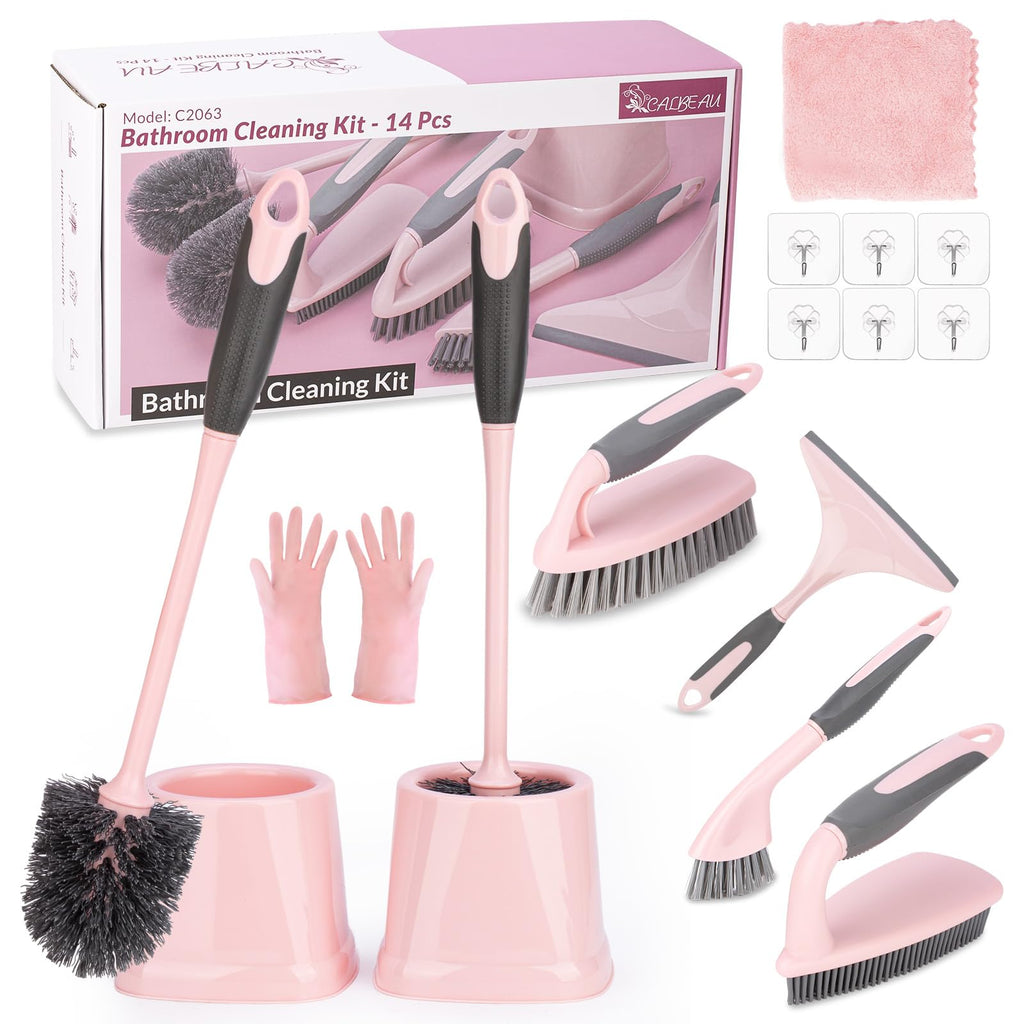 CALBEAU Toilet Brush, 2 Pack Toilet Scrubber Brush and Holder Set Bathroom Accessories, 14 Pcs Bathroom Cleaning Kit, Pink Toilet Bowl Brush and Holder with 5 Brush for Bathroom Bathtub Washbasin