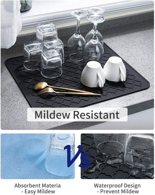 AMOAMI Dish Drying Mat - Heat Resistant Silicone Kitchen Pad | 12" x 16", Black