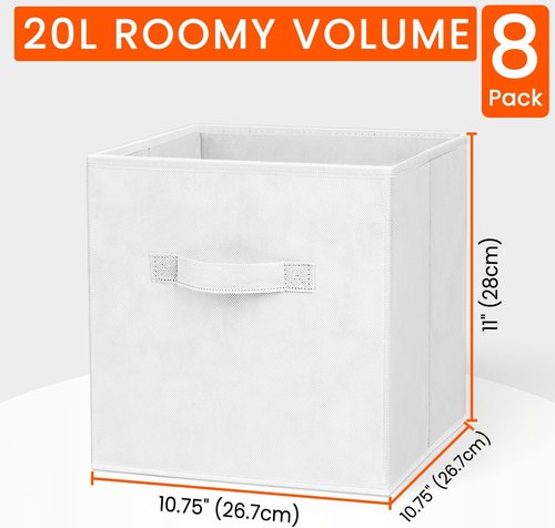 Criusia Storage Cubes - 11-Inch Heavy-Duty Fabric Bins for Closet Organization | 8-Pack Collapsible Baskets (White)