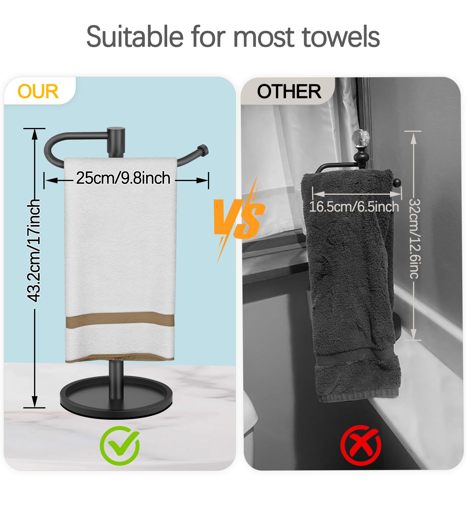 JIAPAIDUO Hand Towel Holder Stand, Matte Black Standing Towel Racks for Bathroom, Stainless Steel Free Standing Towel Rack, Towel Bar Kitchen Vanity Countertops Decor
