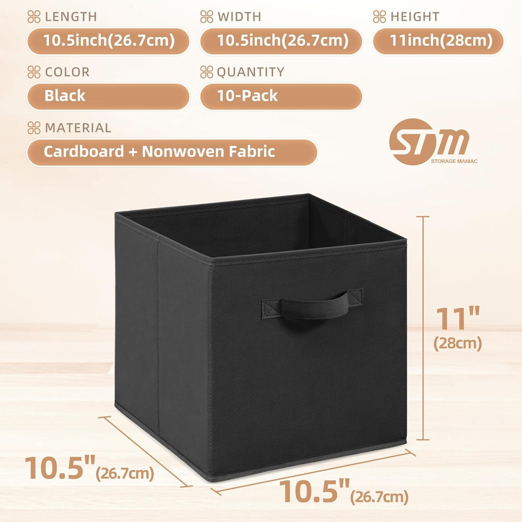 Storage Maniac Storage Cubes - 11-Inch Collapsible Bins with Handles | 10-Pack Durable Black Fabric Organizers