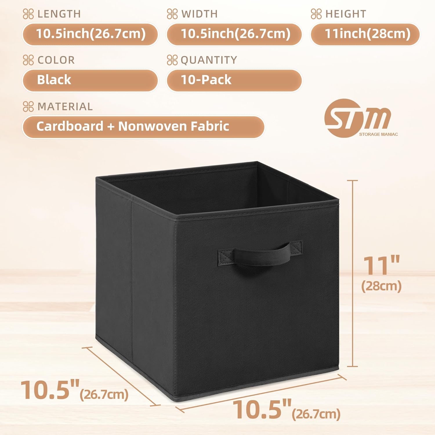 Storage Maniac Storage Cubes - 11-Inch Collapsible Bins with Handles | 10-Pack Durable Black Fabric Organizers