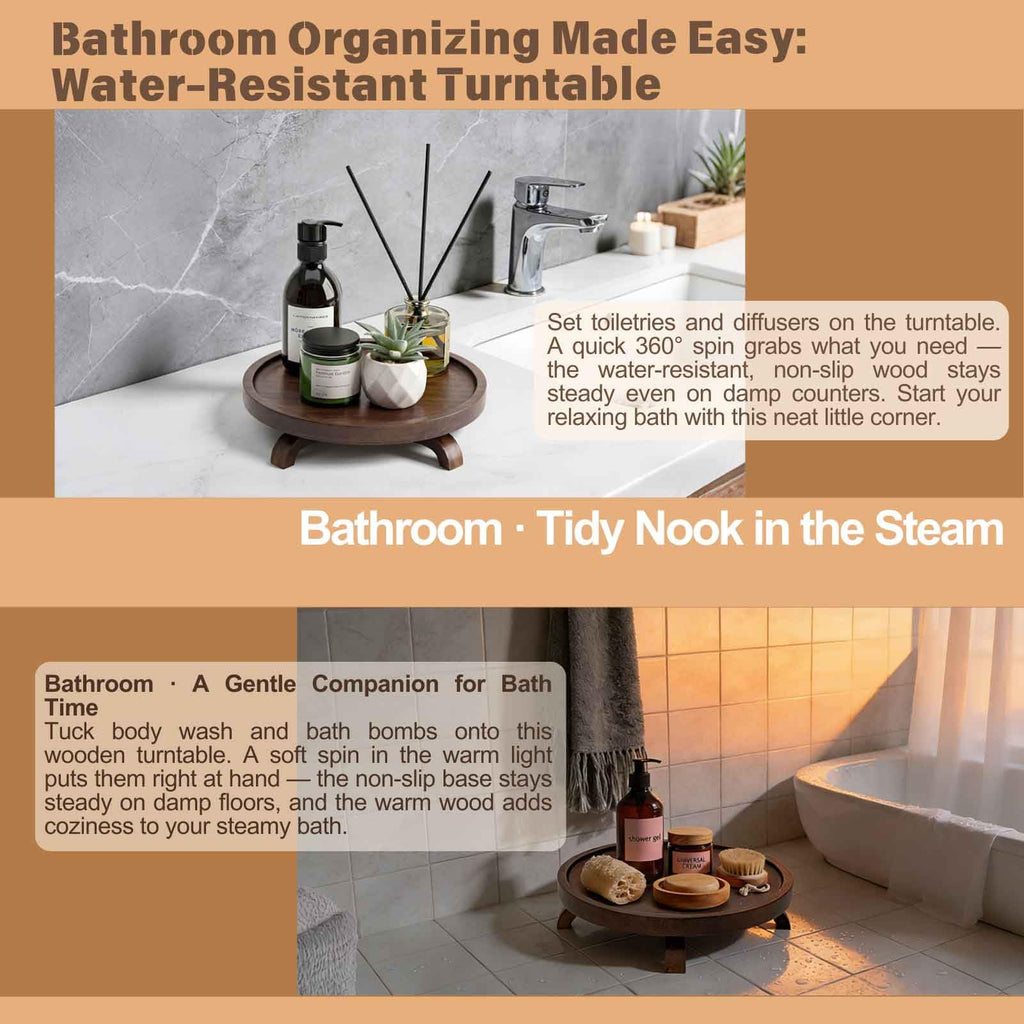 10" Solid Wood Lazy Susan Turntable Organizer for Cabinet, Pantry, Kitchen Countertop - Farmhouse Style with Raised Feet & Water-Resistant Coating, Rustic Bathroom Vanity Tray and Dining Table Decor