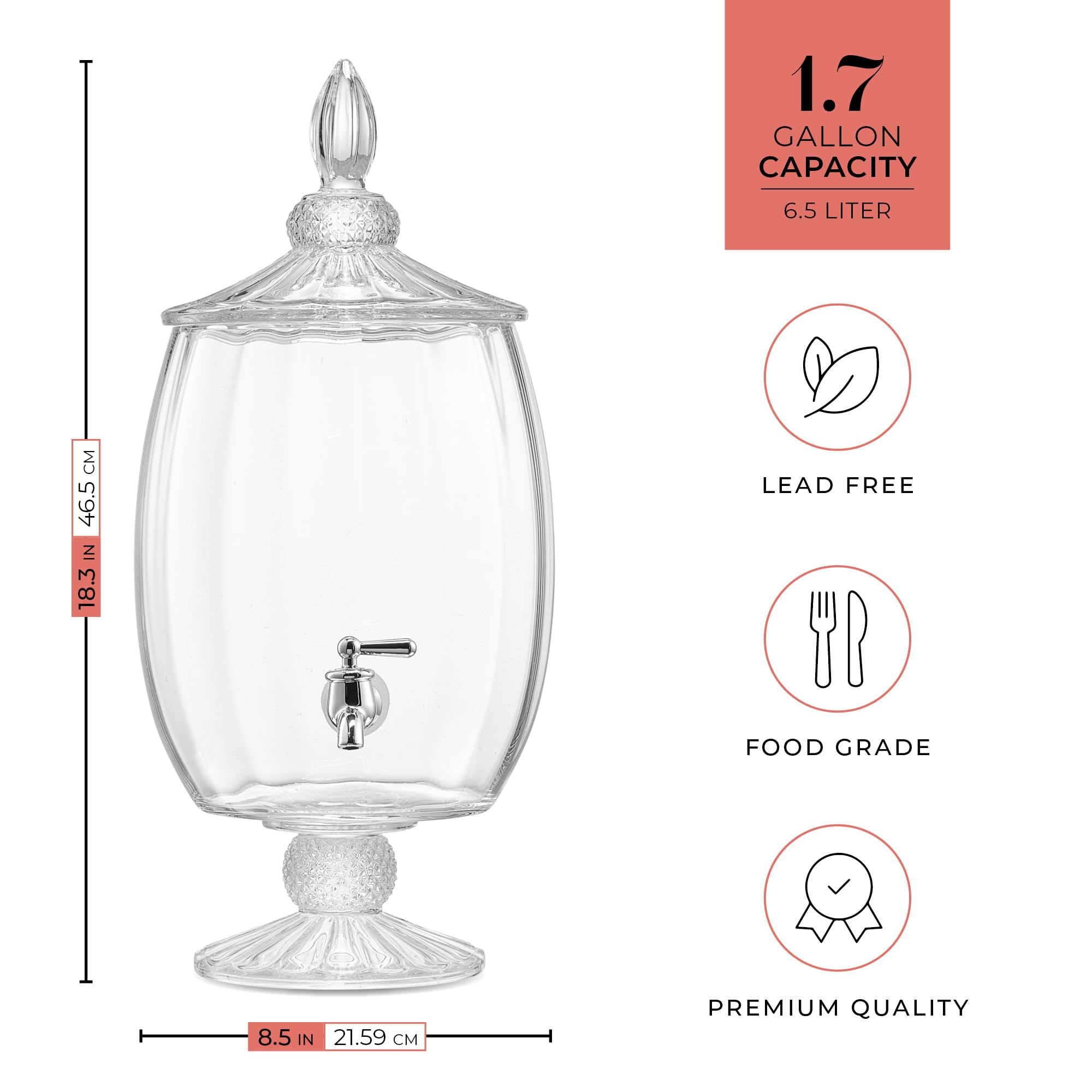 Fifth Avenue Crystal Madison Optic Beverage Cold Drink Dispenser w 1.7-Gallon Capacity Glass Jug, Leak Proof Acrylic Spigot for Parties, Weddings,& More, 8.5x18
