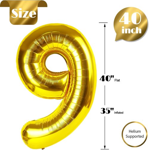 Gold 9 Balloon | 40-Inch Giant Number 9 Balloon for Birthday Decorations & Celebrations