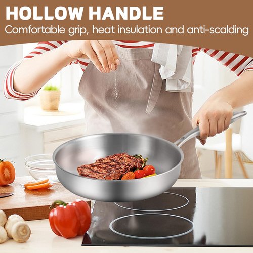 GOLDEN KEY 12 Inch Tri-Ply Stainless Steel Pan, Stainless Steel Frying Pan with Lid,Stainless Steel Skillet Induction All Cooktops, PFOA/PTFE Free Skillet,Health&Safety,Heavy Duty&Fast & Even Heat