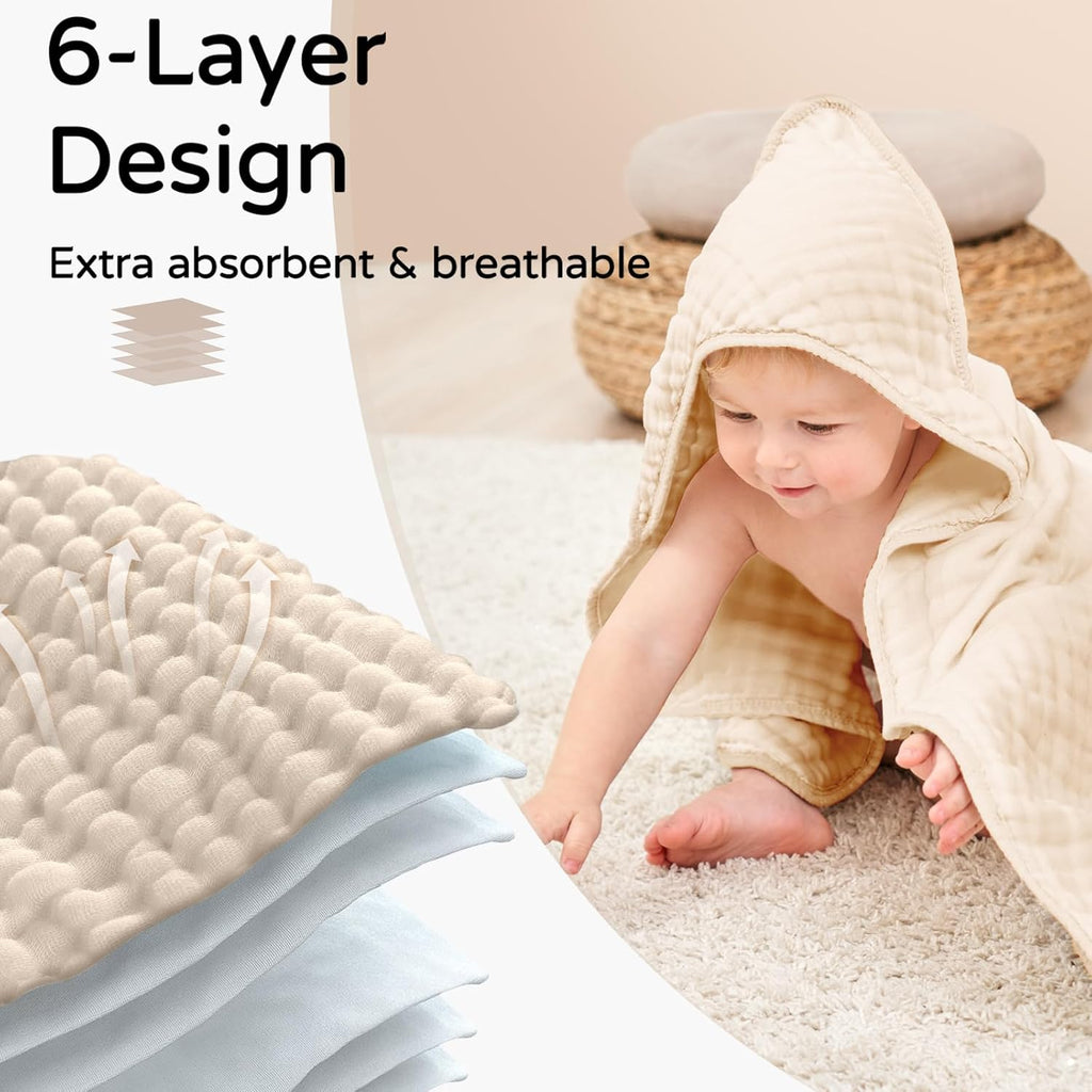 Yoofoss Hooded Baby Towels - 100% Muslin Organic Cotton Bath Towels for Newborns | 2-Pack, Soft & Absorbent, 32x32 Inch, Apricot & Green