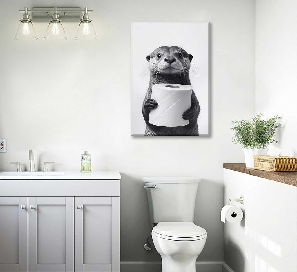 Regine Switzerland Funny Raccoon Canvas Wall Art - Black & White Farmhouse Bathroom Decor