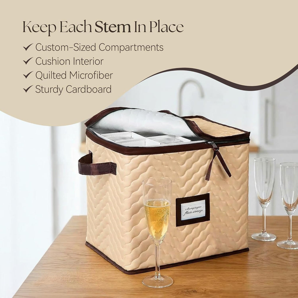 Skiennix Wine Glass Storage Box - Durable Quilted Microfiber Case with Dividers | Protects Stemware (1 Pack, Champagne Flute)