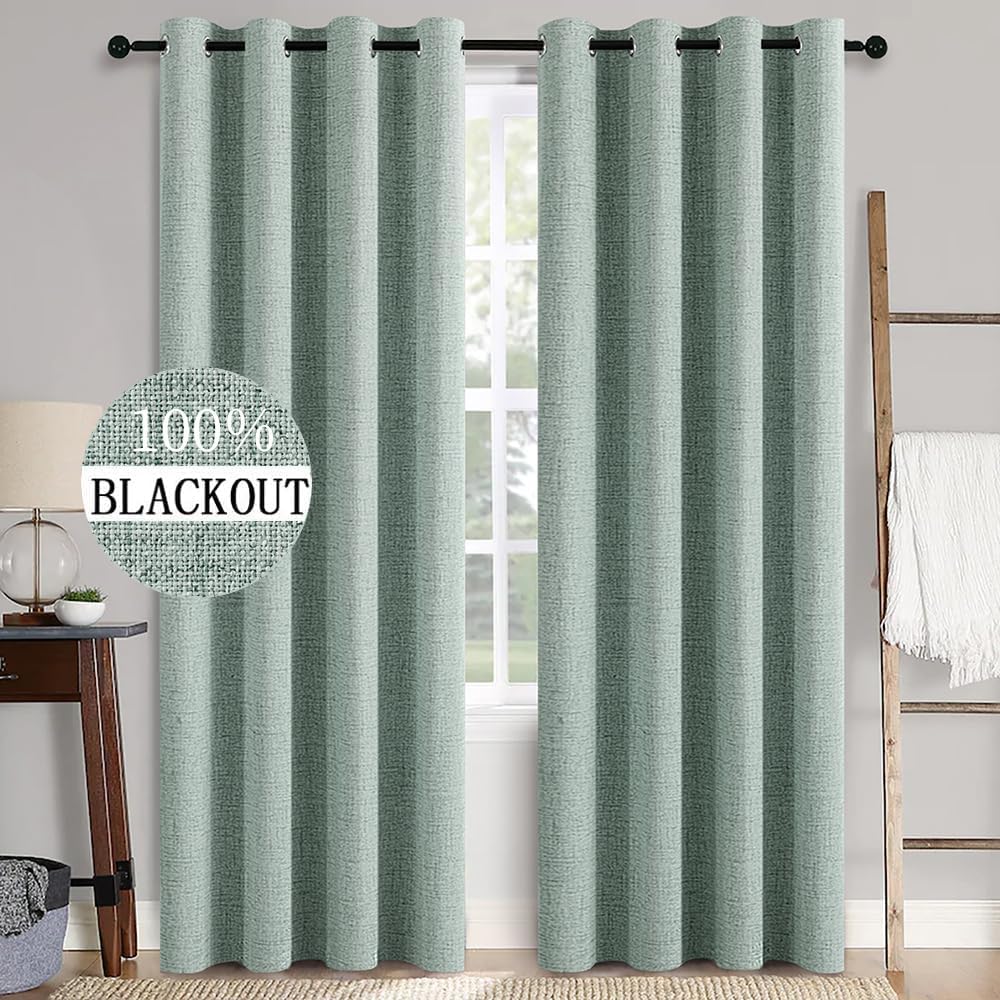MIULEE Blackout Curtains - 100% Thermal Insulated Linen Texture - Seafoam Green | 52x108 Inch (2 Panels)