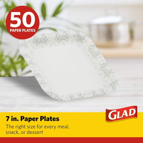 Glad Heavy Duty Paper Plates - Soak Proof & Cut Proof Disposable Plates | 7 Inch, Grey Victorian Pattern, 50 Count