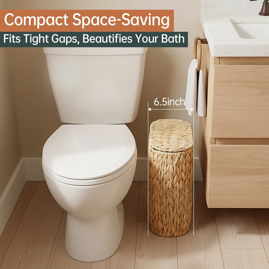 Coeusy Wicker Bathroom Trash Can with Lid,Narrow Rattan Waste Basket with Removable Liner Bucket,Slim Woven Water Hyacinth Garbage Can for Bedroom,Office,Small Spaces,3 Gallon