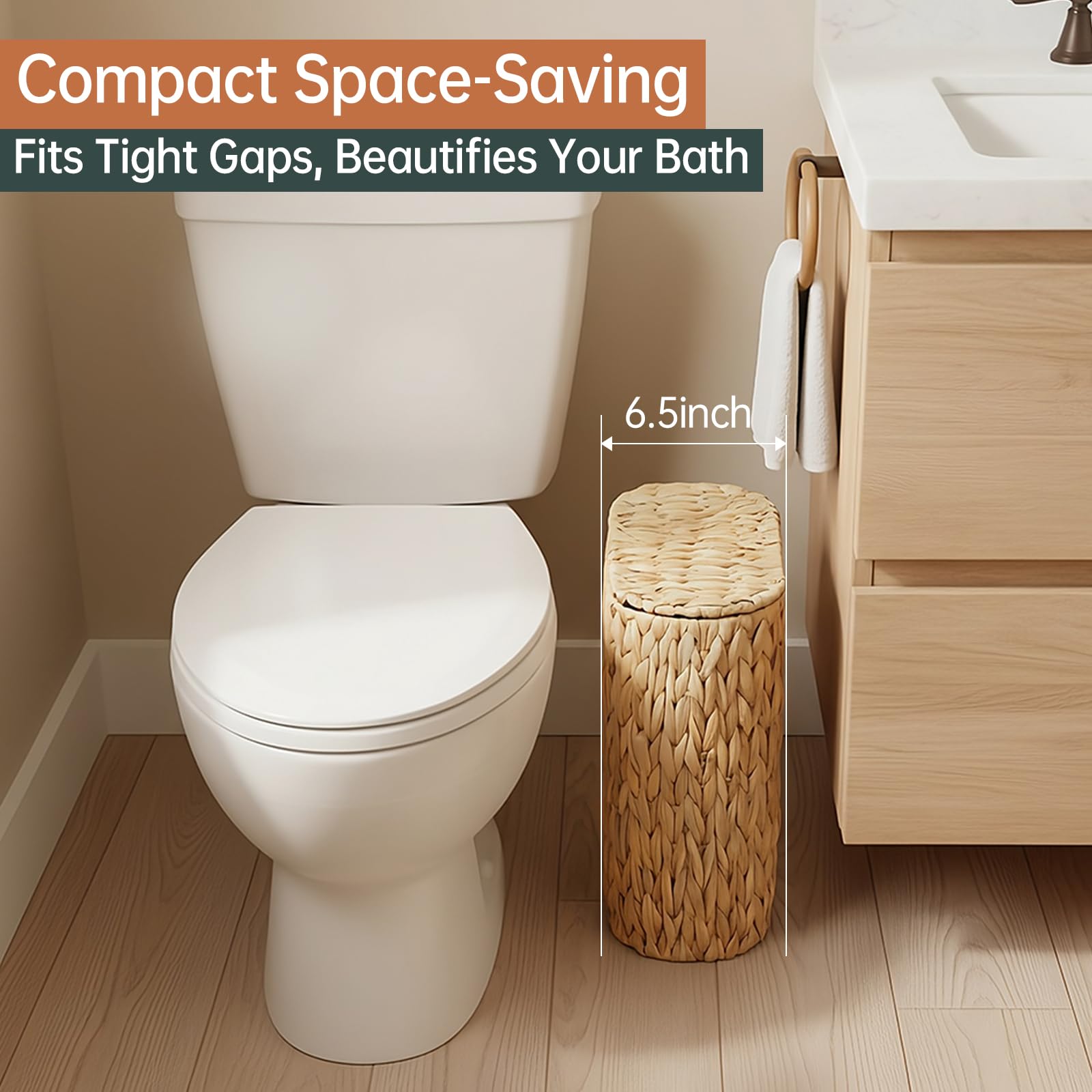 Coeusy Wicker Bathroom Trash Can with Lid,Narrow Rattan Waste Basket with Removable Liner Bucket,Slim Woven Water Hyacinth Garbage Can for Bedroom,Office,Small Spaces,3 Gallon