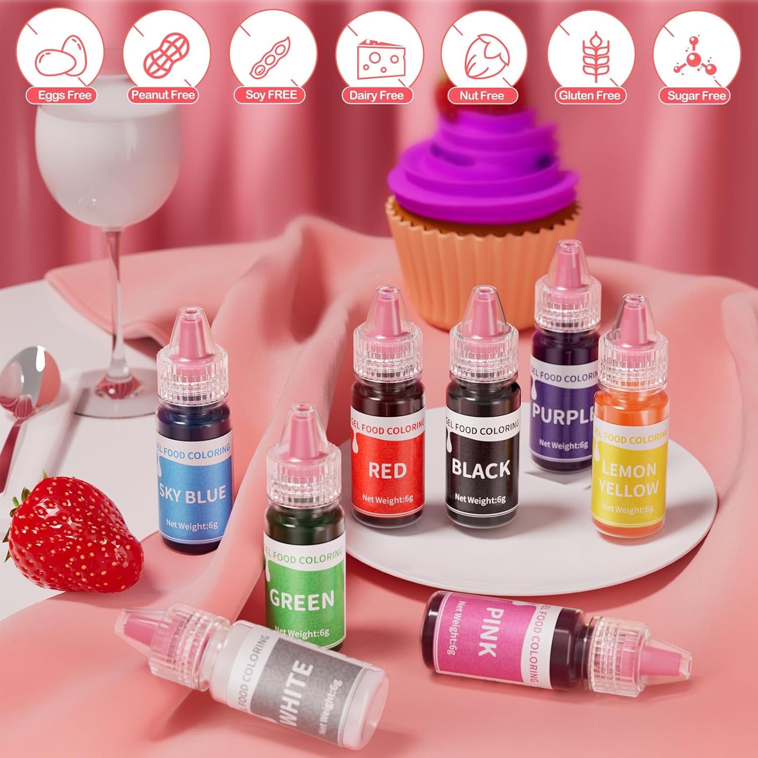 Skiennix Gel Food Coloring Set - 8 Vibrant Colors | Concentrated Edible Dye for Baking & Decorating - 6g/Bottle