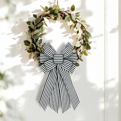 Black White Burlap Wreath Bow - 20 x 11 Inches | Stylish Striped Ribbon for Home Decor & Front Door