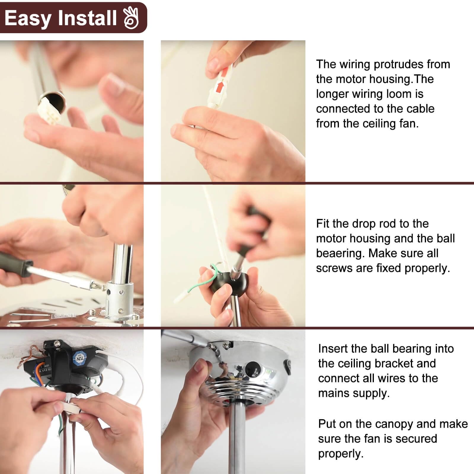 4 Inch Ceiling Fan Downrod, 1" Diameter Matte Black Ceiling Fan Extension Rod (No Threads) with 5 x 18-AWG Wires,Universal Down Rods for Ceiling Fans,Easy Installation