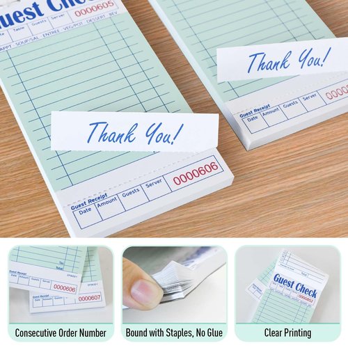 DGBDPACK Guest Check Books for Servers - Thick Paper (6 Pads), Waitress Notepads, Waitress Notepad for Restaurants, 300 Orders Total (Green, 6.75"x3.5"), 50 Sheets/Pack
