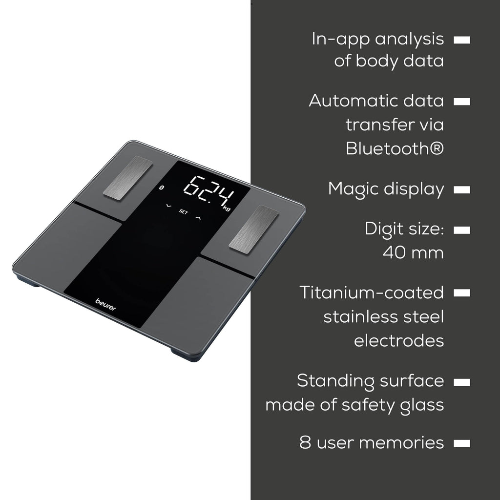 Beurer BF500 Smart Body Analysis Scale with Bluetooth & App, Accurate Digital Diagnostic Scale Measures Body Fat, Muscle Mass, Caloric Needs, 396 lbs, XL Display