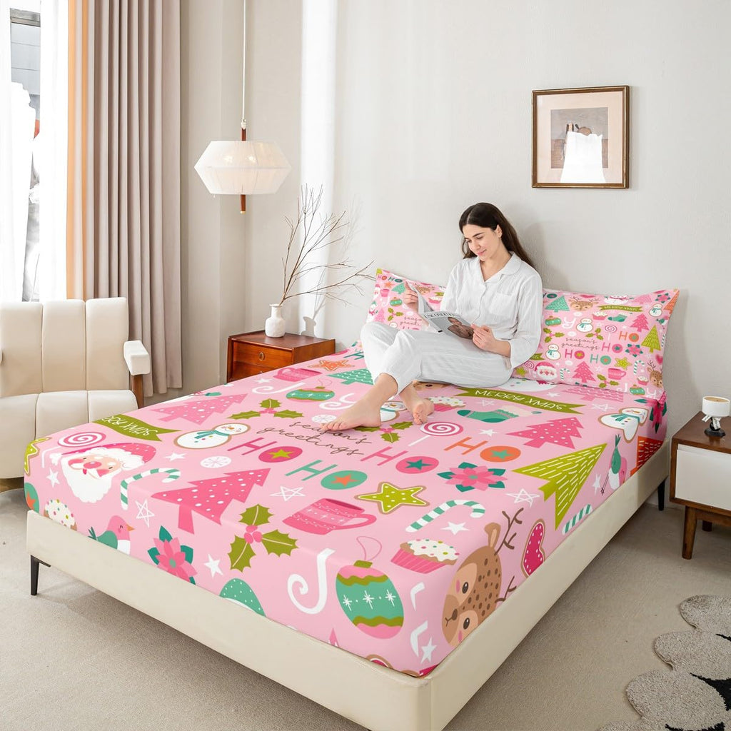 Erosebridal Pink Christmas Fitted Sheet Full, Cartoon Santa Claus Bedding Set for Kids Boys Girls Women Bedroom, Snowman Pine Bed Sheets Christmas Tree Deer Bedding Decor Set Xmas Decor,2 Pillowcases