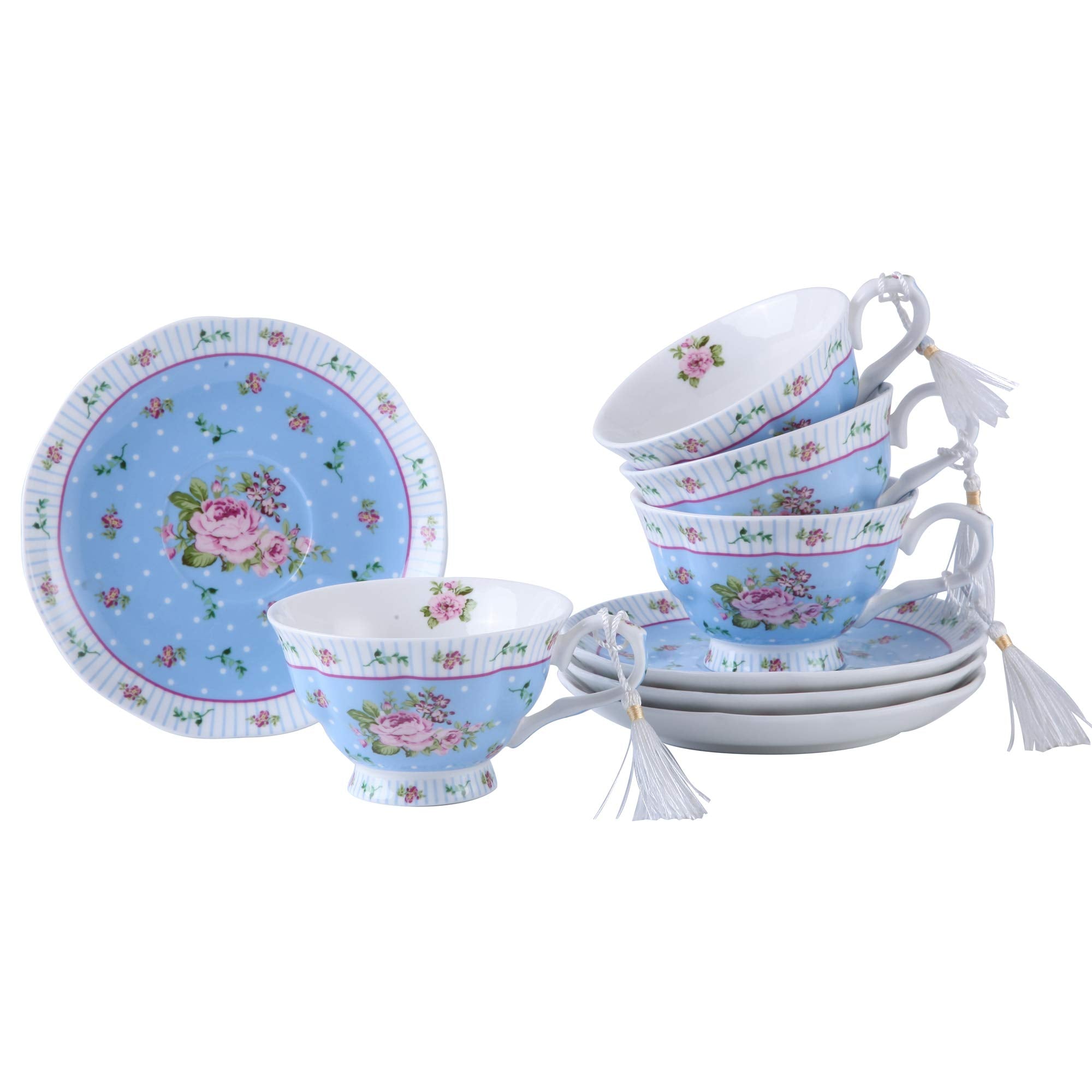 London Boutique Coffee Tea Cup and Saucer Set 4 Shabby Chic Vintage Porcelain Bird Butterfly Flora Gift Box 7.5OZ (Rose Blue)