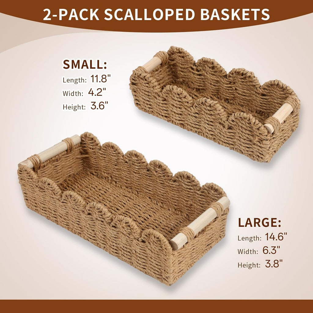 Regine Switzerland Paper Rope Storage Baskets - Set of 2 with Wooden Handles for Stylish Bathroom Decor (Beige)