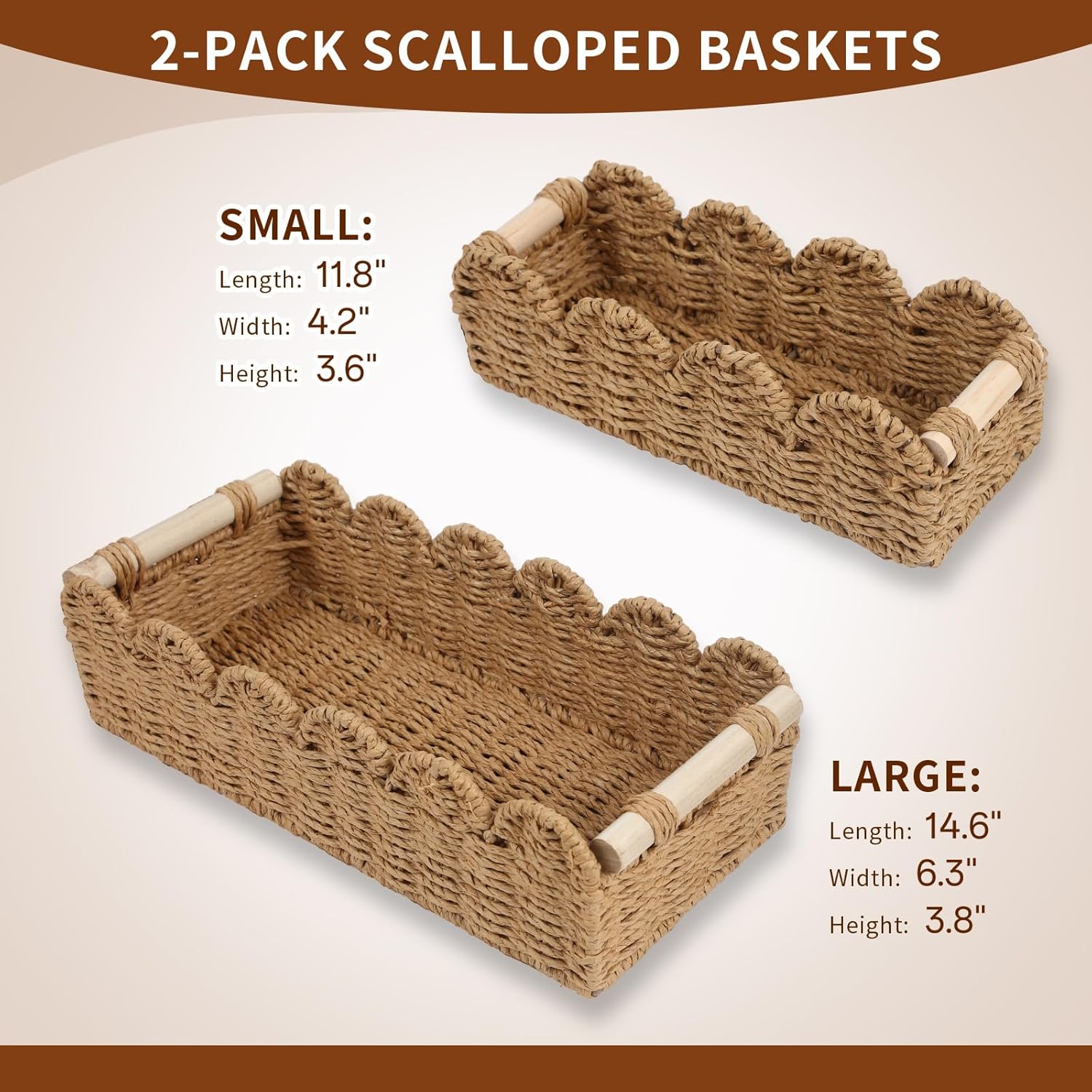Regine Switzerland Paper Rope Storage Baskets - Set of 2 with Wooden Handles for Stylish Bathroom Decor (Beige)