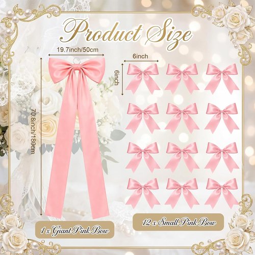 Crowye 13 Pcs Large Pink Bow Decor Set - Giant 71x20 Satin Ribbon Bow & 12 Small 6" Bows for Parties