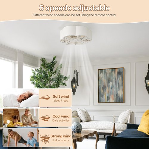 Glmthux Caged Ceiling Fan with Lights, Flush Mount 20" Boho Ceiling Fans with Lights Remote Control, Low Profile Fabric Bladeless with 6 Speeds for Bedroom, Nursery, Kitchen