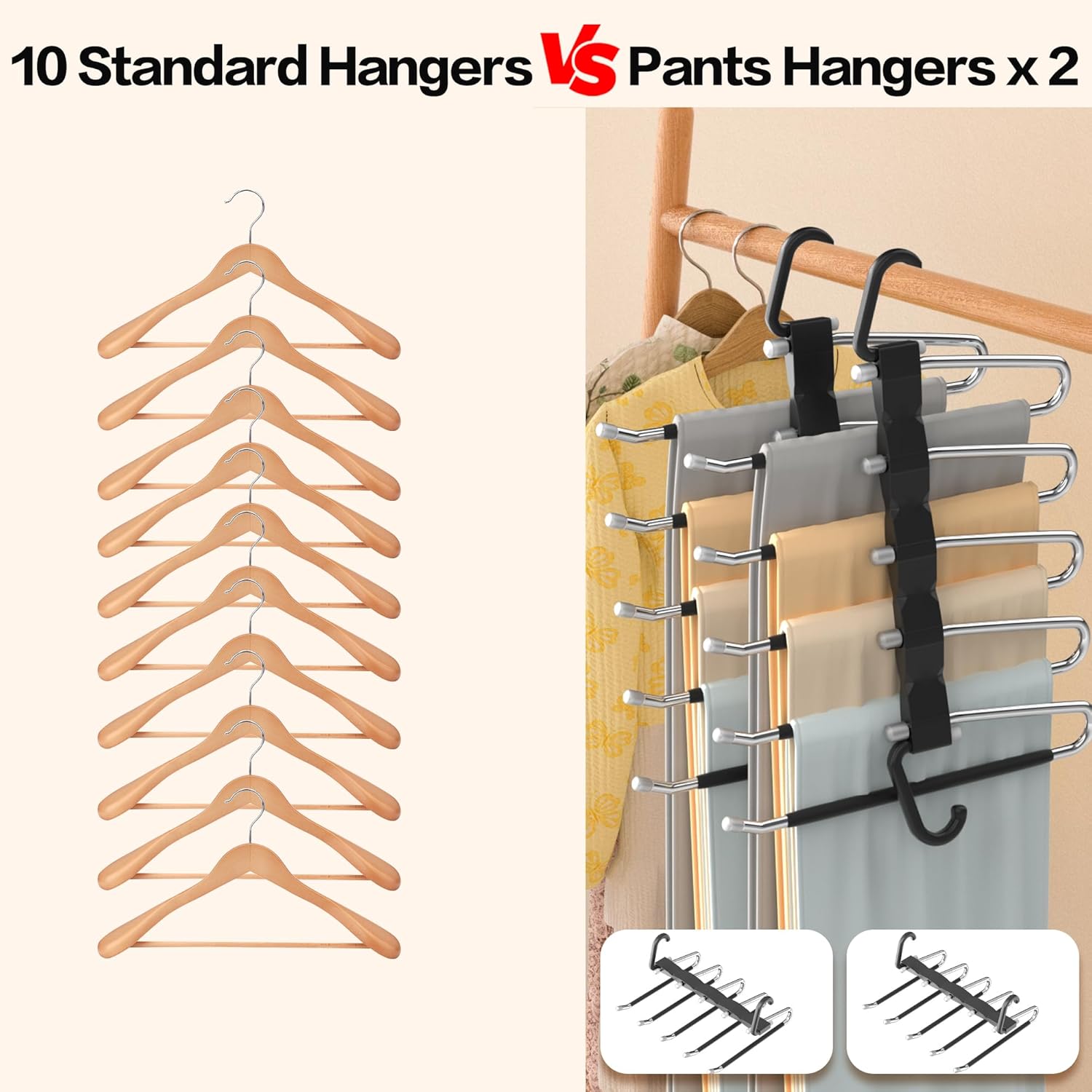 Skiennix Pants Hangers - Space-Saving Closet Organizer, Anti-Slip Stainless Steel, 2 Pack - Black